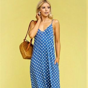 Denim Blue Polka Dots Maxi Dress w/Pockets.